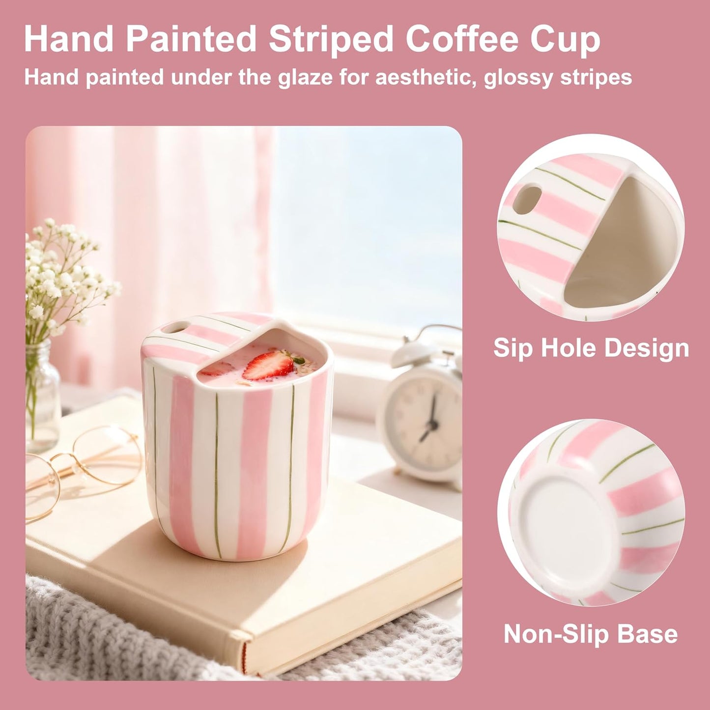 Ceramic Coffee Mug with Sip Hole 10oz Aesthetic Espresso Cup with Hand Painted Striped Coffee Mug for Kitchen Dining Travel (Light Blue, 1Pack)