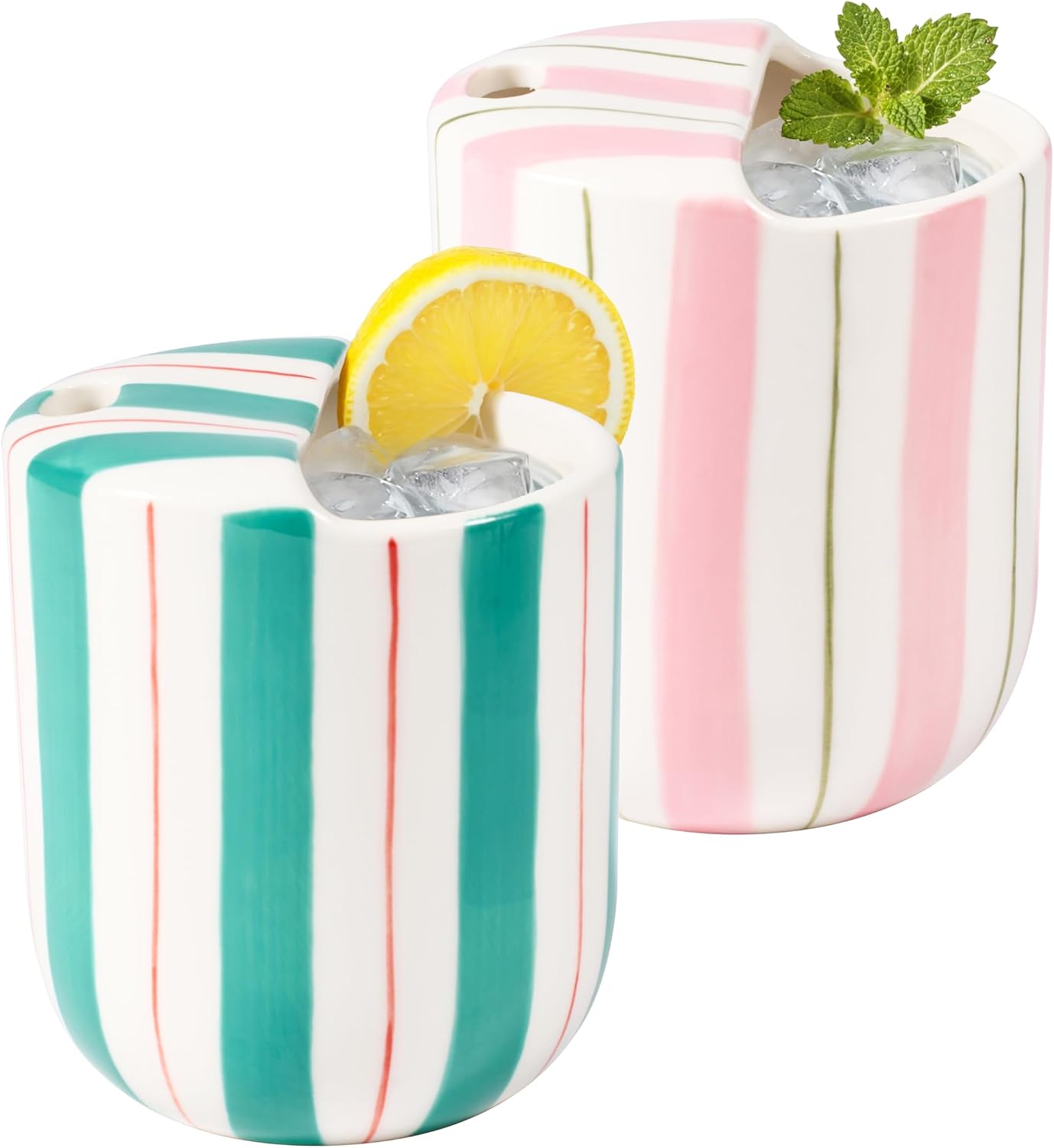 Ceramic Coffee Mug with Sip Hole 10oz Aesthetic Espresso Cup with Hand Painted Striped Coffee Mug for Kitchen Dining Travel (Light Blue, 1Pack)