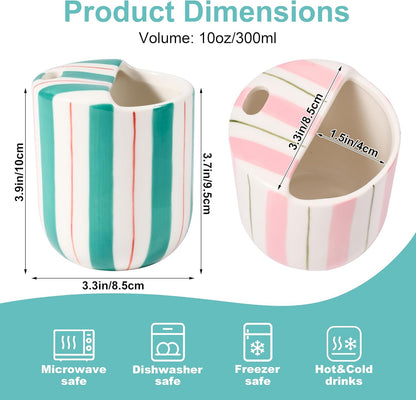 Ceramic Coffee Mug with Sip Hole 10oz Aesthetic Espresso Cup with Hand Painted Striped Coffee Mug for Kitchen Dining Travel (Light Blue, 1Pack)
