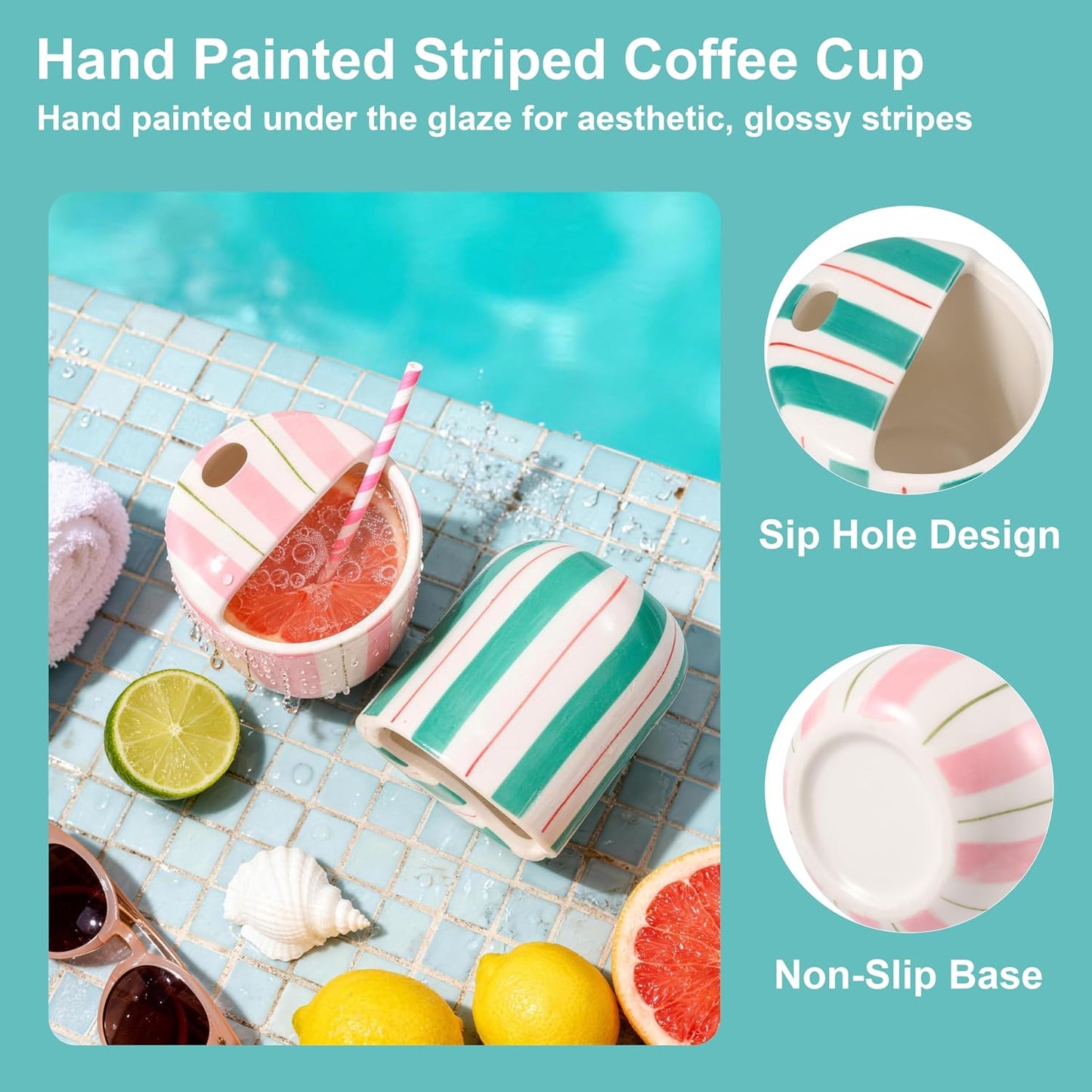 Ceramic Coffee Mug with Sip Hole 10oz Aesthetic Espresso Cup with Hand Painted Striped Coffee Mug for Kitchen Dining Travel (Light Blue, 1Pack)