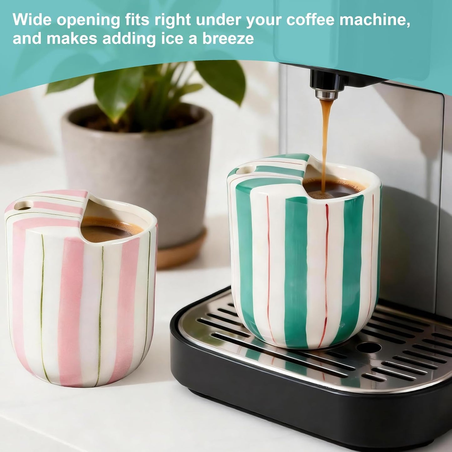 Ceramic Coffee Mug with Sip Hole 10oz Aesthetic Espresso Cup with Hand Painted Striped Coffee Mug for Kitchen Dining Travel (Light Blue, 1Pack)