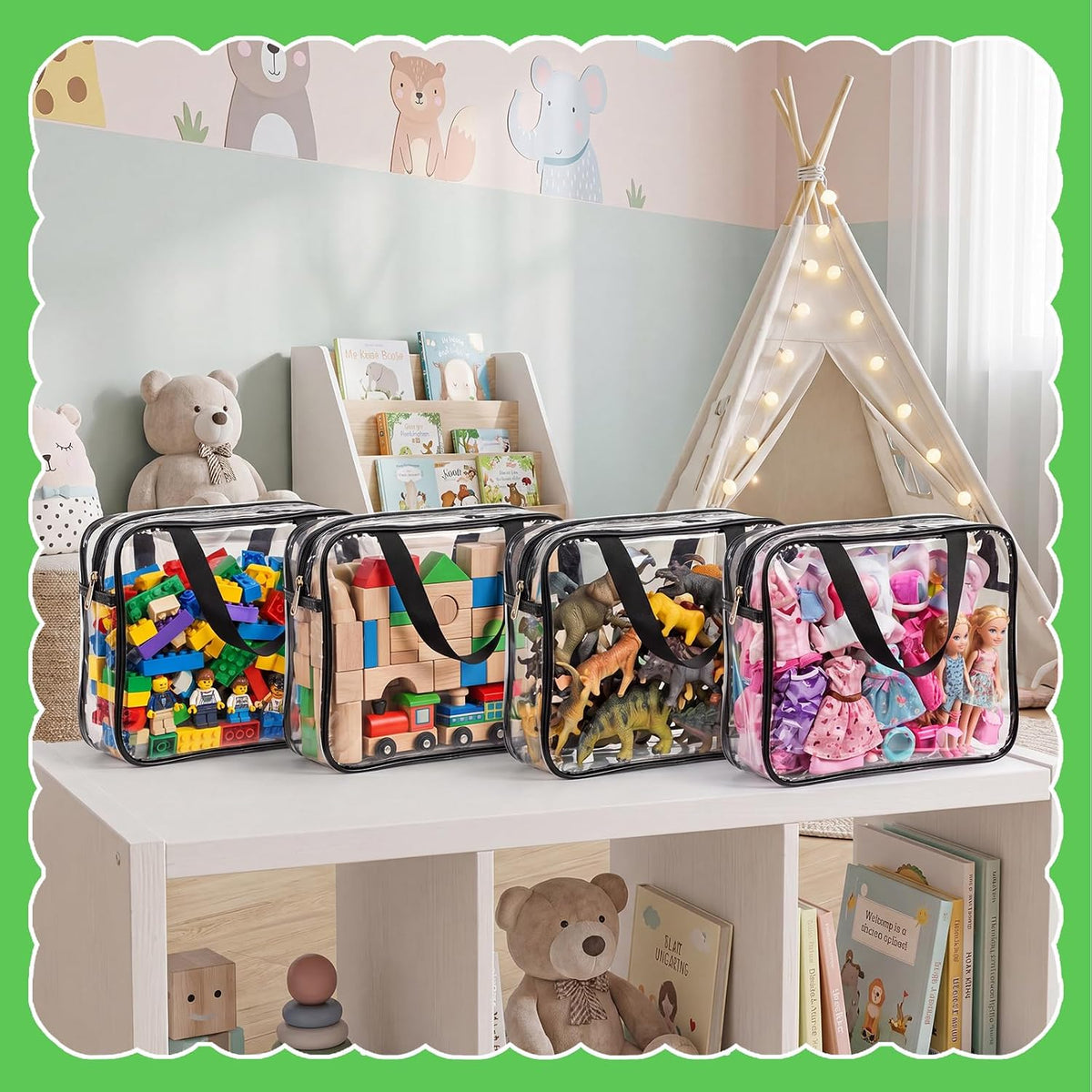 4 Pack Clear Toy Storage Bags, PVC Waterproof Toy Organizer, Colorful
