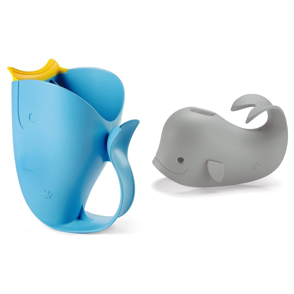 Baby Bath Rinse Cup, Moby Tear-Free Waterfall Rinser, Blue & Baby Bath Spout Cover, Universal Fit, Moby, Grey