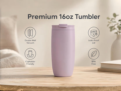 16oz Vacuum Insulated Tumbler, Leakproof Travel Mug for Hot & Cold Drinks | Double-wall insulation locks temp. Leakproof lid, slim cup holder. For coffee, tea, water.