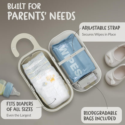 Diaper Bag Wipe Dispenser | 3-in-1 Portable Diaper Caddy Organizer, Baby Wipe Holder with Disposable Bags | Baby Essentials for Newborns, Toddlers, Travel & Baby Shower Gifts