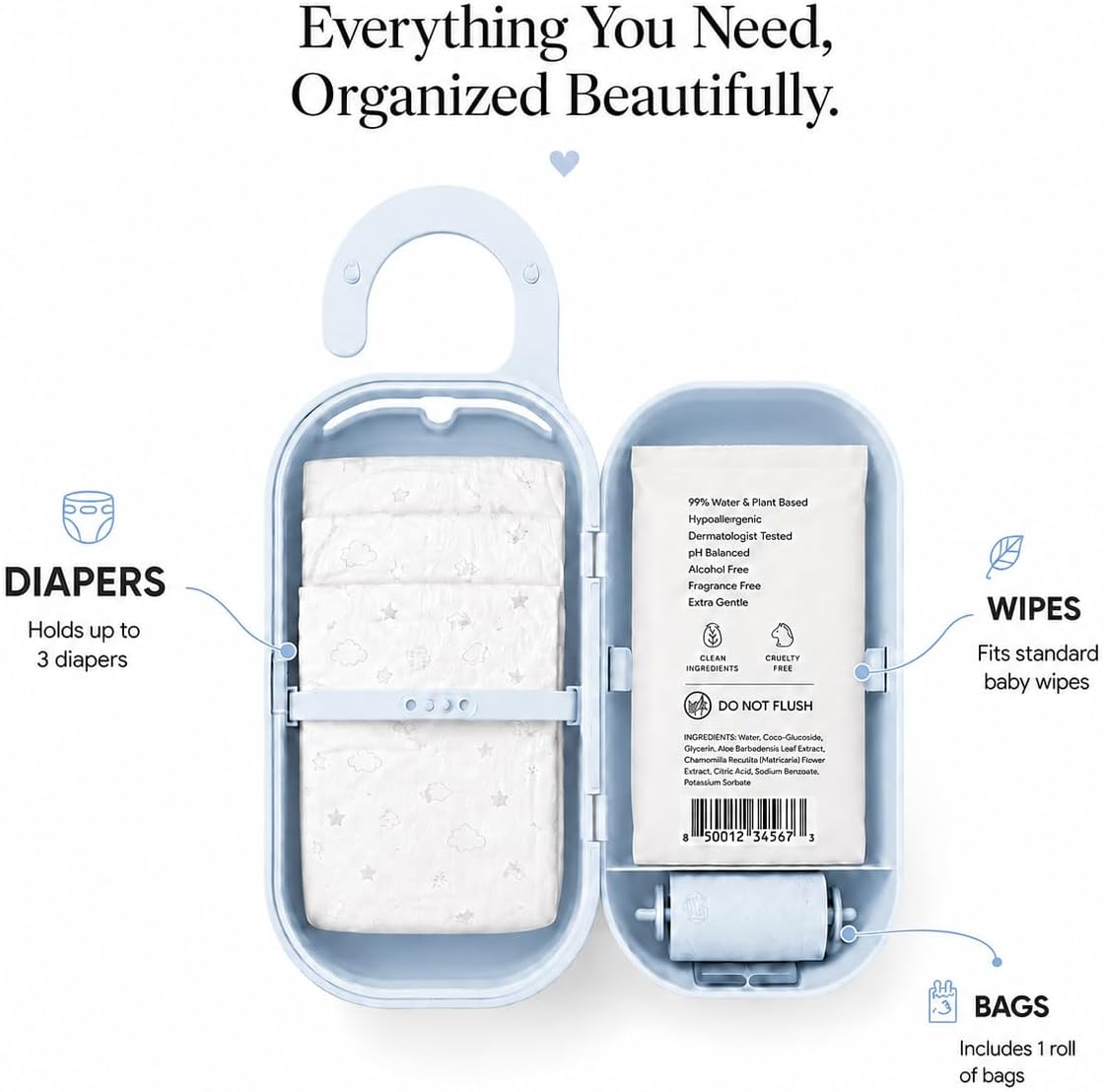 Diaper Bag Wipe Dispenser | 3-in-1 Portable Diaper Caddy Organizer, Baby Wipe Holder with Disposable Bags | Baby Essentials for Newborns, Toddlers, Travel & Baby Shower Gifts