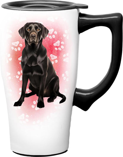 Yellow Lab Ceramic Travel Coffee Mug with Lid and Handle - Spill Proof Lid - Double Walled Mug for Hot and Cold Beverages - Microwave and Dishwasher Safe