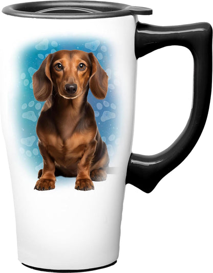 Yellow Lab Ceramic Travel Coffee Mug with Lid and Handle - Spill Proof Lid - Double Walled Mug for Hot and Cold Beverages - Microwave and Dishwasher Safe