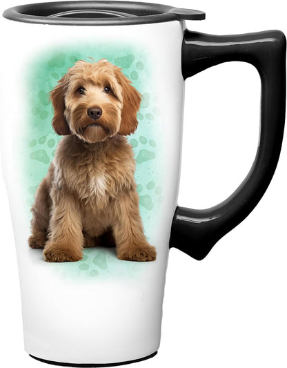 Yellow Lab Ceramic Travel Coffee Mug with Lid and Handle - Spill Proof Lid - Double Walled Mug for Hot and Cold Beverages - Microwave and Dishwasher Safe