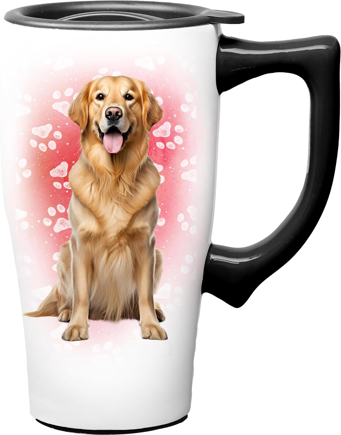 Yellow Lab Ceramic Travel Coffee Mug with Lid and Handle - Spill Proof Lid - Double Walled Mug for Hot and Cold Beverages - Microwave and Dishwasher Safe