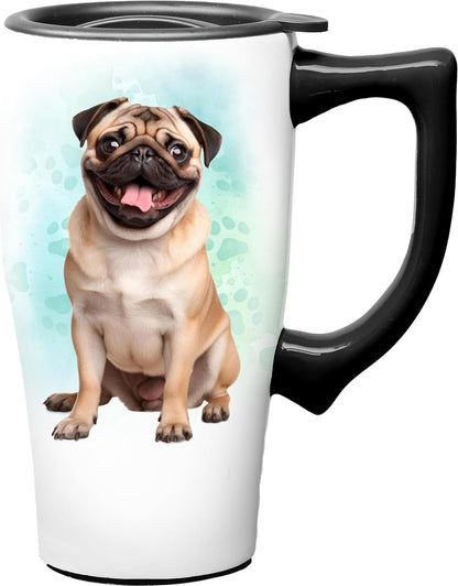 Yellow Lab Ceramic Travel Coffee Mug with Lid and Handle - Spill Proof Lid - Double Walled Mug for Hot and Cold Beverages - Microwave and Dishwasher Safe