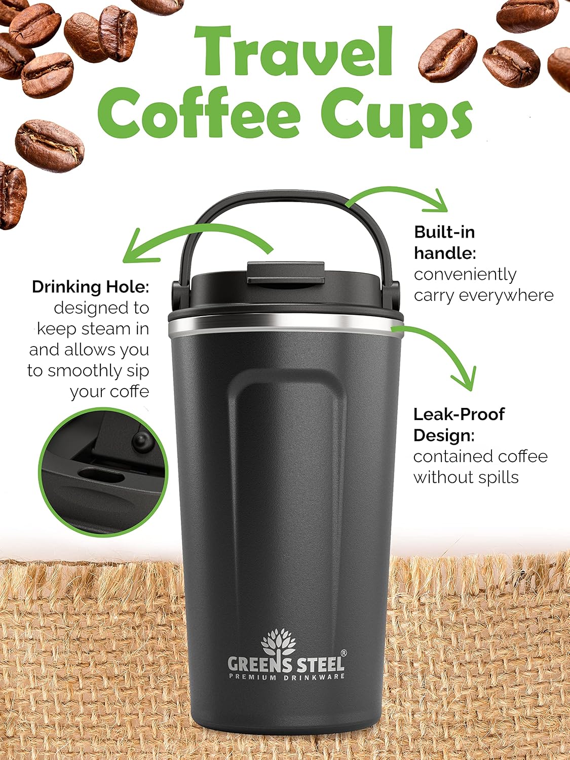 Reusable Coffee Cup with Lid and Handle - Stainless Steel Insulated Coffee Mug for Hot & Cold Drinks - Ideal Travel Mugs - 100% Leak-Proof Tumbler - 16 oz Black