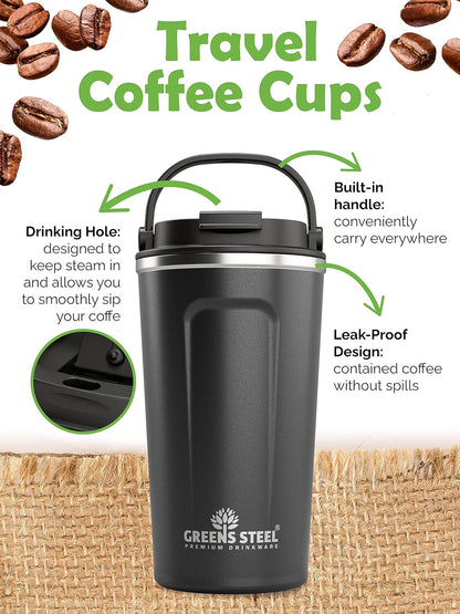 Reusable Coffee Cup with Lid and Handle - Stainless Steel Insulated Coffee Mug for Hot & Cold Drinks - Ideal Travel Mugs - 100% Leak-Proof Tumbler - 16 oz Black