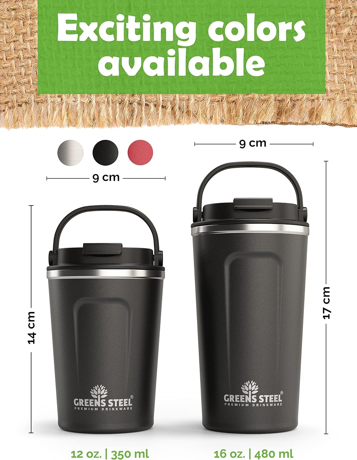 Reusable Coffee Cup with Lid and Handle - Stainless Steel Insulated Coffee Mug for Hot & Cold Drinks - Ideal Travel Mugs - 100% Leak-Proof Tumbler - 16 oz Black