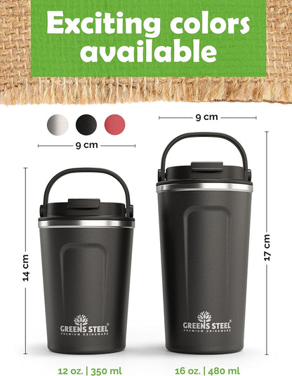 Reusable Coffee Cup with Lid and Handle - Stainless Steel Insulated Coffee Mug for Hot & Cold Drinks - Ideal Travel Mugs - 100% Leak-Proof Tumbler - 16 oz Black