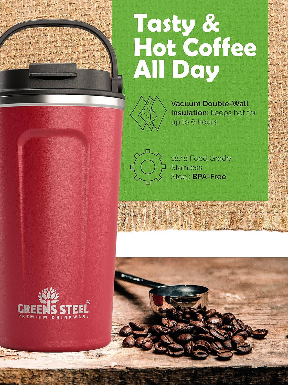 Reusable Coffee Cup with Lid and Handle - Stainless Steel Insulated Coffee Mug for Hot & Cold Drinks - Ideal Travel Mugs - 100% Leak-Proof Tumbler - 16 oz Black