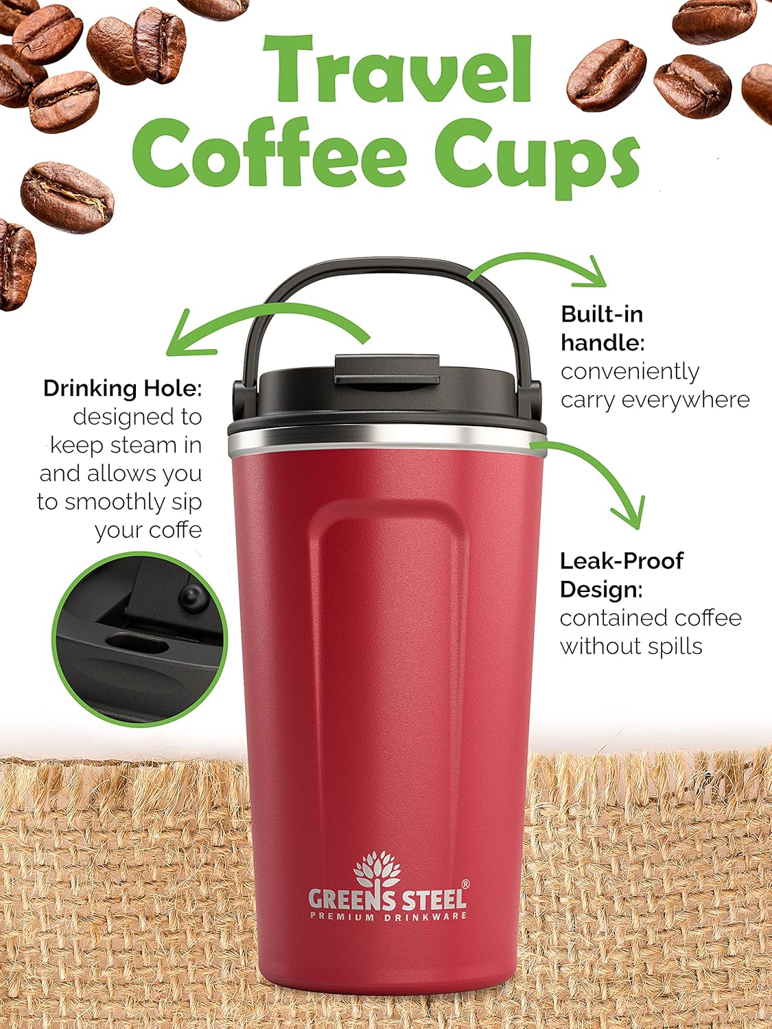 Reusable Coffee Cup with Lid and Handle - Stainless Steel Insulated Coffee Mug for Hot & Cold Drinks - Ideal Travel Mugs - 100% Leak-Proof Tumbler - 16 oz Black