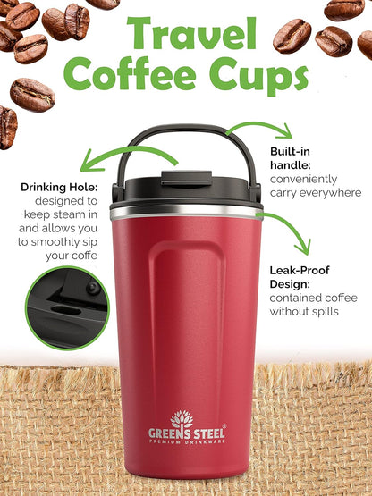 Reusable Coffee Cup with Lid and Handle - Stainless Steel Insulated Coffee Mug for Hot & Cold Drinks - Ideal Travel Mugs - 100% Leak-Proof Tumbler - 16 oz Black