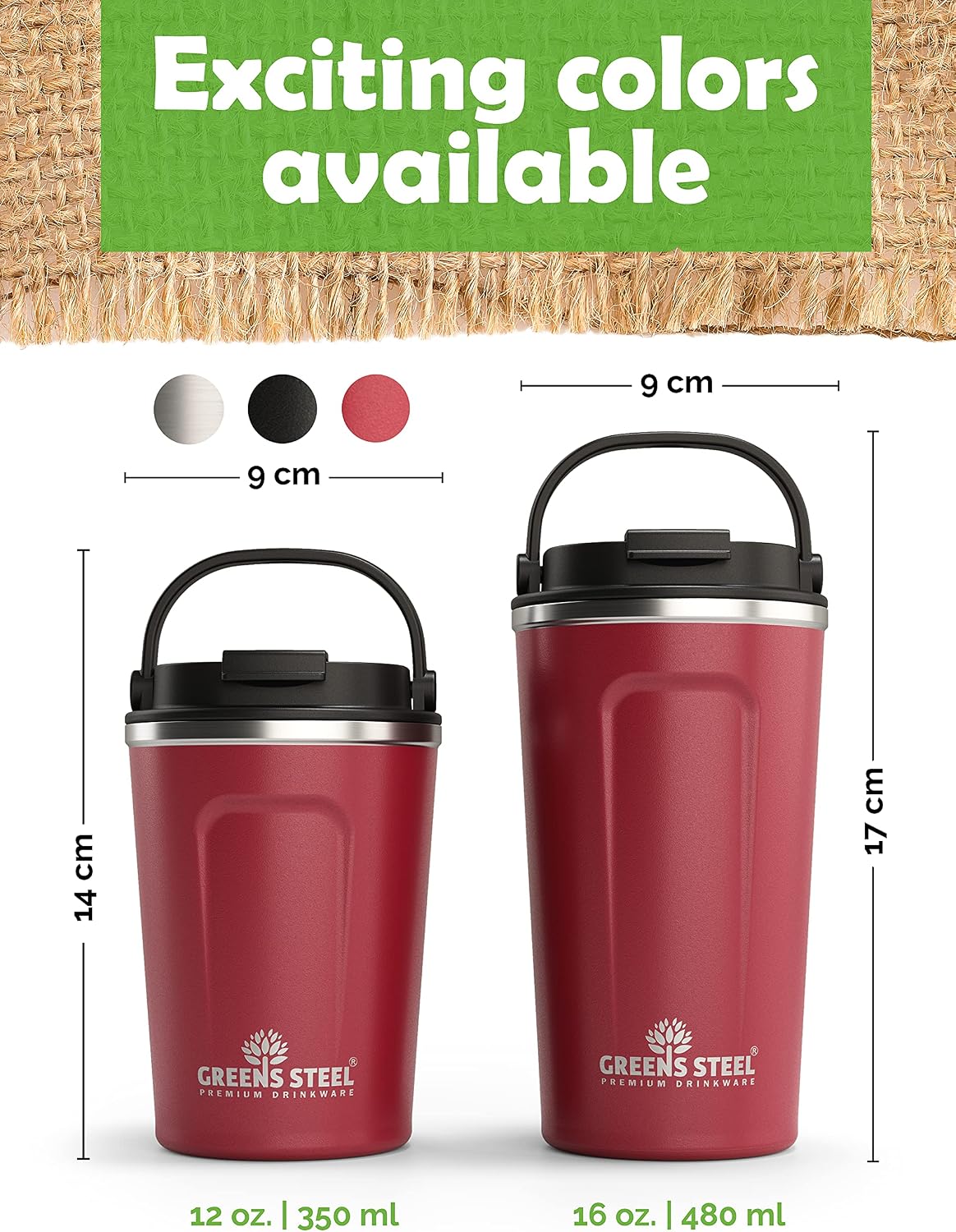 Reusable Coffee Cup with Lid and Handle - Stainless Steel Insulated Coffee Mug for Hot & Cold Drinks - Ideal Travel Mugs - 100% Leak-Proof Tumbler - 16 oz Black