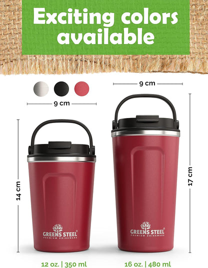Reusable Coffee Cup with Lid and Handle - Stainless Steel Insulated Coffee Mug for Hot & Cold Drinks - Ideal Travel Mugs - 100% Leak-Proof Tumbler - 16 oz Black