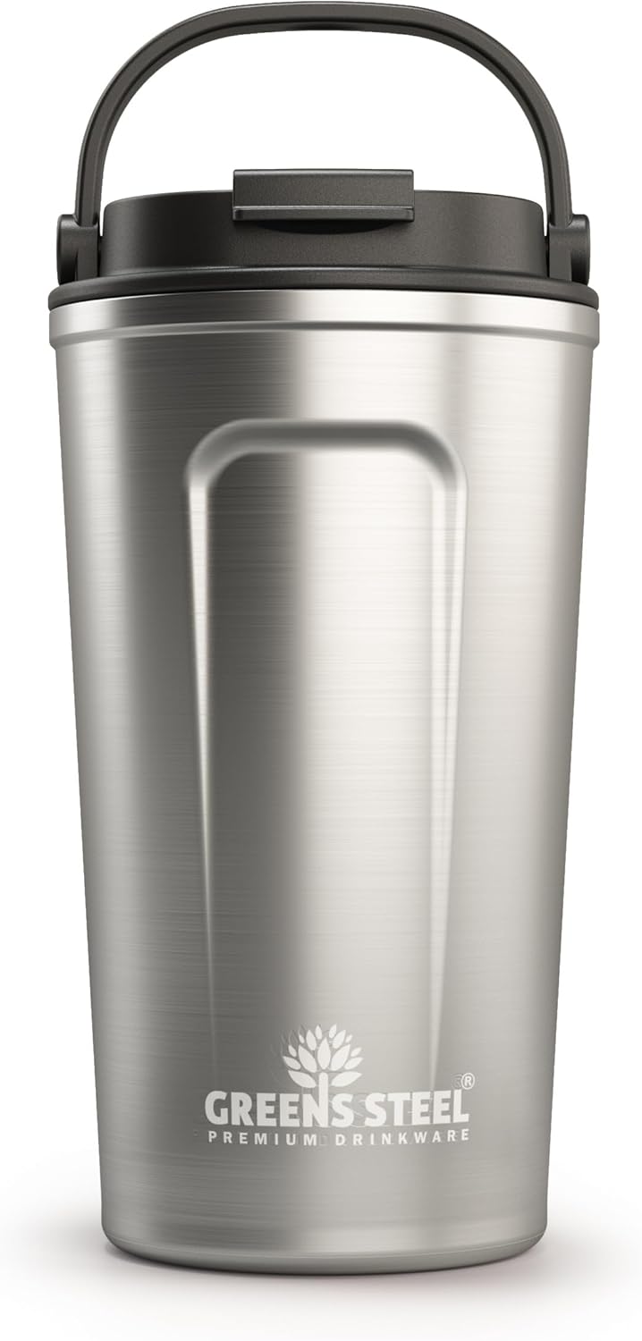 Reusable Coffee Cup with Lid and Handle - Stainless Steel Insulated Coffee Mug for Hot & Cold Drinks - Ideal Travel Mugs - 100% Leak-Proof Tumbler - 16 oz Black