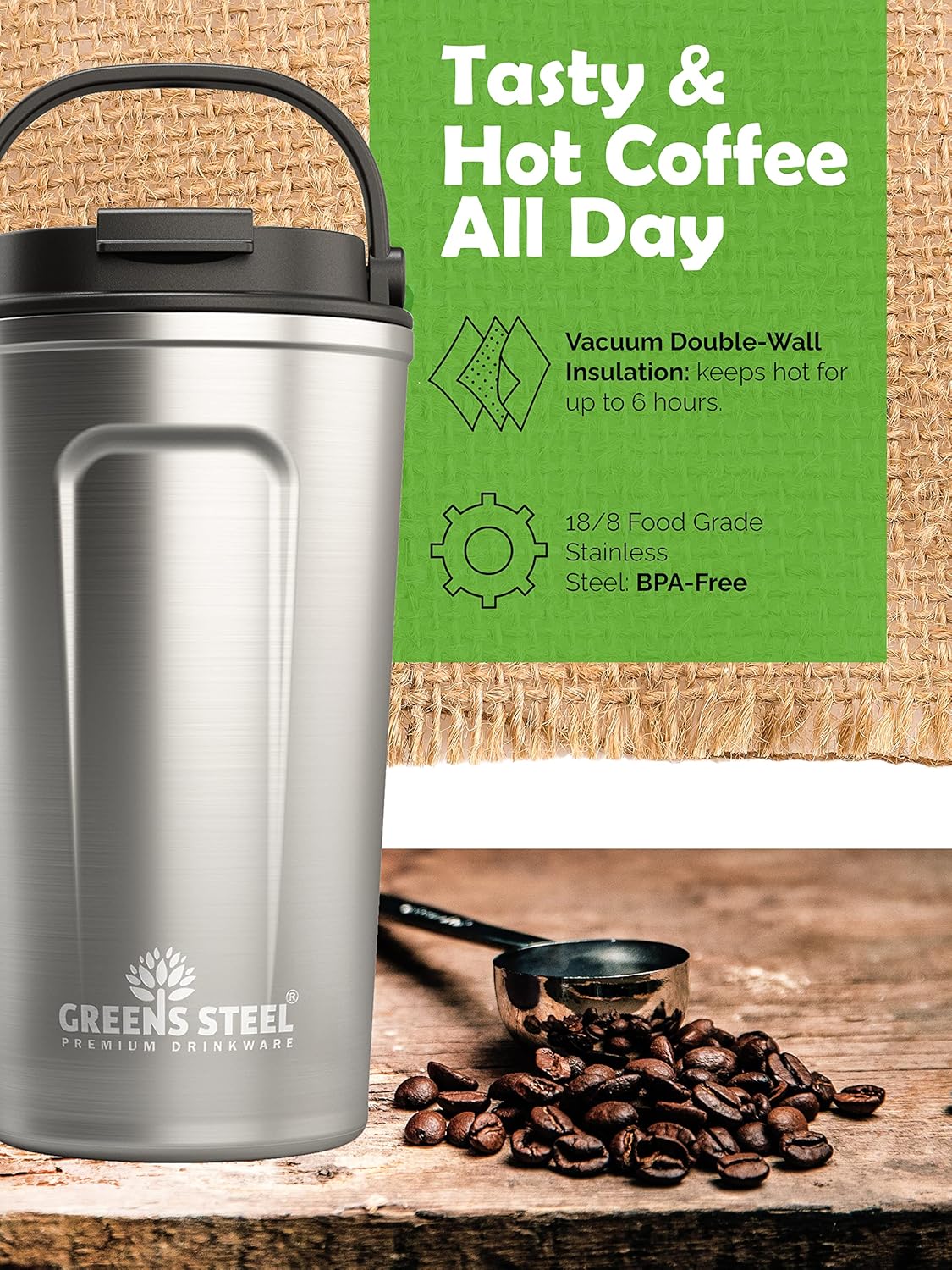 Reusable Coffee Cup with Lid and Handle - Stainless Steel Insulated Coffee Mug for Hot & Cold Drinks - Ideal Travel Mugs - 100% Leak-Proof Tumbler - 16 oz Black