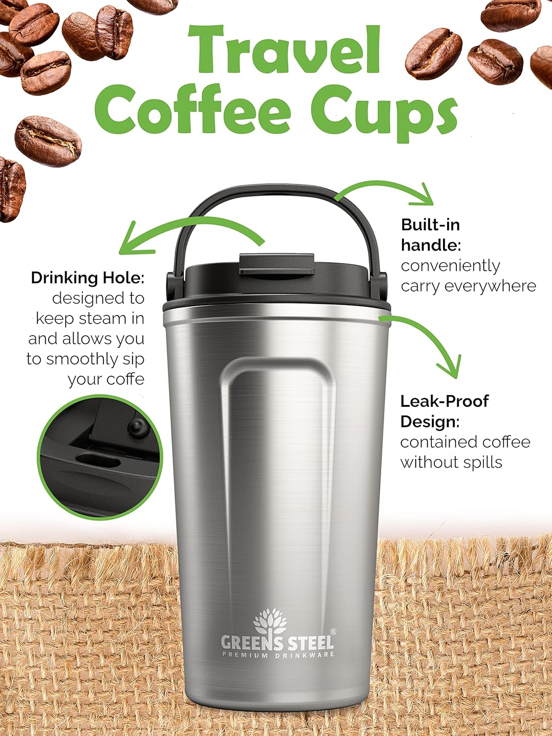 Reusable Coffee Cup with Lid and Handle - Stainless Steel Insulated Coffee Mug for Hot & Cold Drinks - Ideal Travel Mugs - 100% Leak-Proof Tumbler - 16 oz Black
