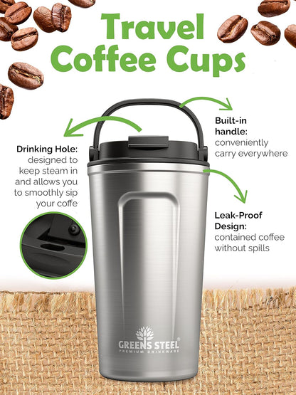 Reusable Coffee Cup with Lid and Handle - Stainless Steel Insulated Coffee Mug for Hot & Cold Drinks - Ideal Travel Mugs - 100% Leak-Proof Tumbler - 16 oz Black