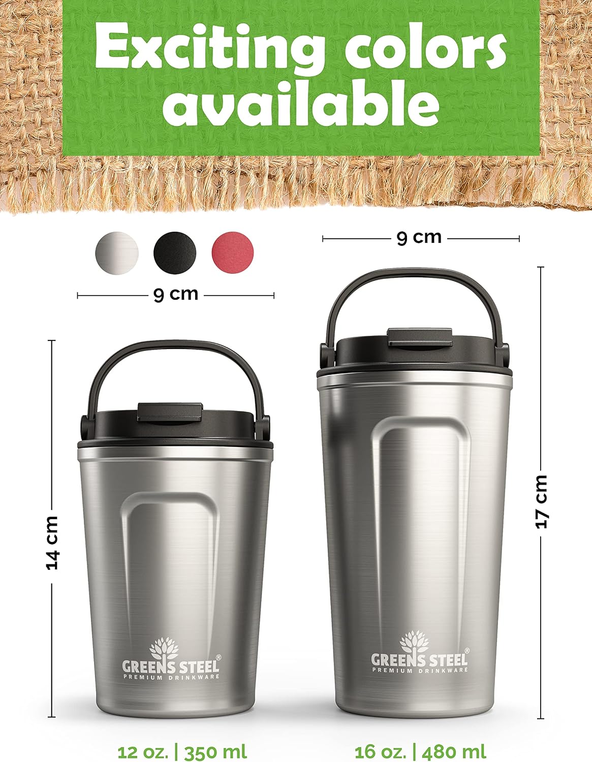 Reusable Coffee Cup with Lid and Handle - Stainless Steel Insulated Coffee Mug for Hot & Cold Drinks - Ideal Travel Mugs - 100% Leak-Proof Tumbler - 16 oz Black