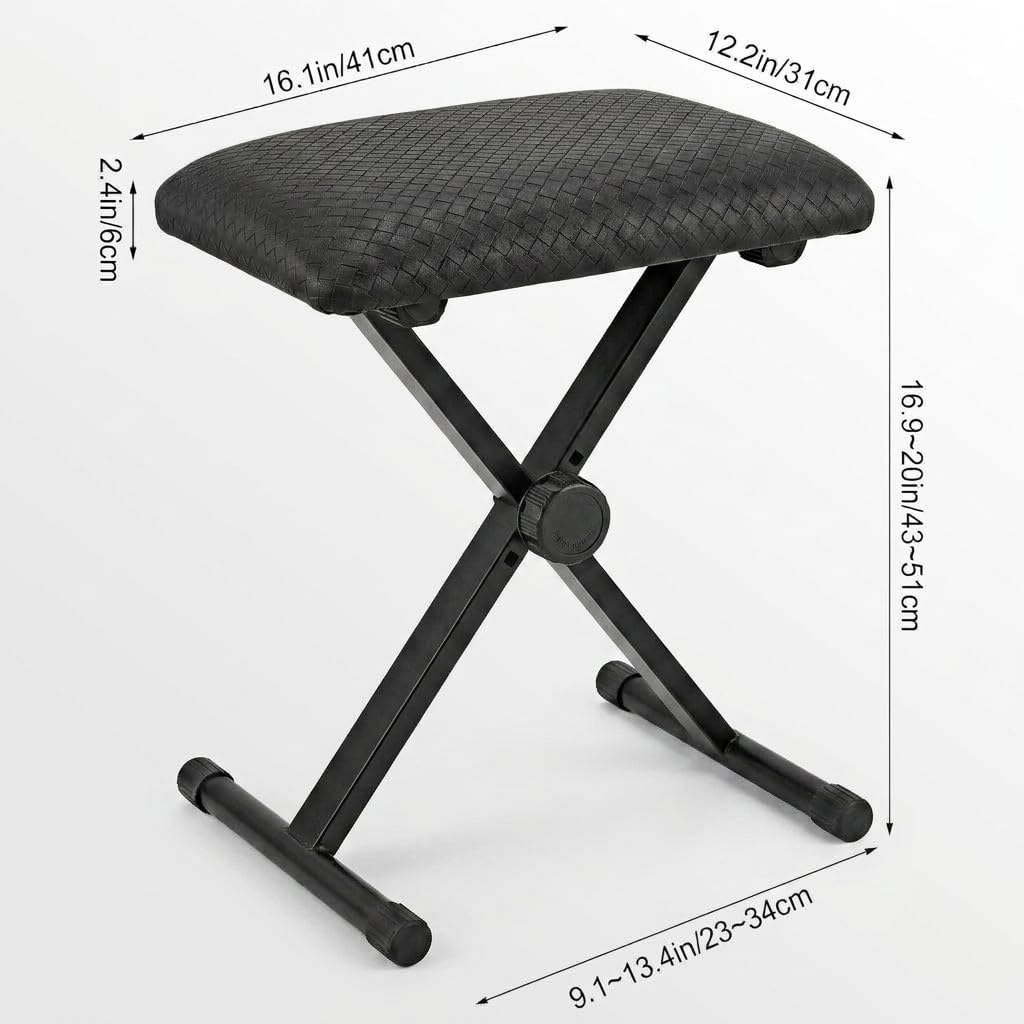 Keyboard Bench, Waterproof Synthetic Leather Adjustable Piano Bench, 16-20in X-Style Piano Stool with 2.4 inch Thicken Soft Cushion, Padded Stool for Keyboards Piano Guitar, 9.1"x12.2"x20" Black