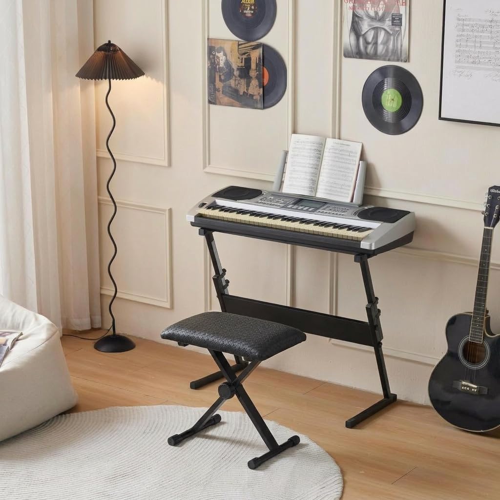 Keyboard Bench, Waterproof Synthetic Leather Adjustable Piano Bench, 16-20in X-Style Piano Stool with 2.4 inch Thicken Soft Cushion, Padded Stool for Keyboards Piano Guitar, 9.1"x12.2"x20" Black