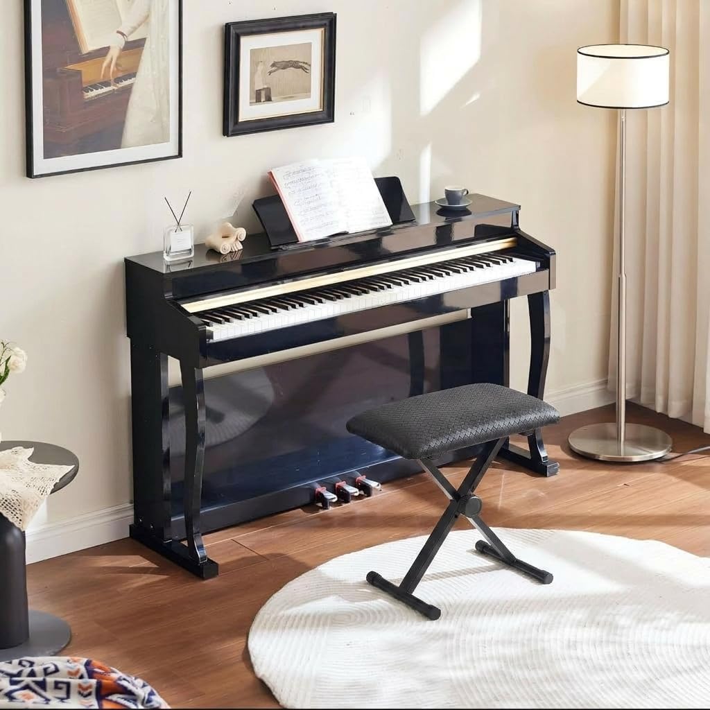 Keyboard Bench, Waterproof Synthetic Leather Adjustable Piano Bench, 16-20in X-Style Piano Stool with 2.4 inch Thicken Soft Cushion, Padded Stool for Keyboards Piano Guitar, 9.1"x12.2"x20" Black