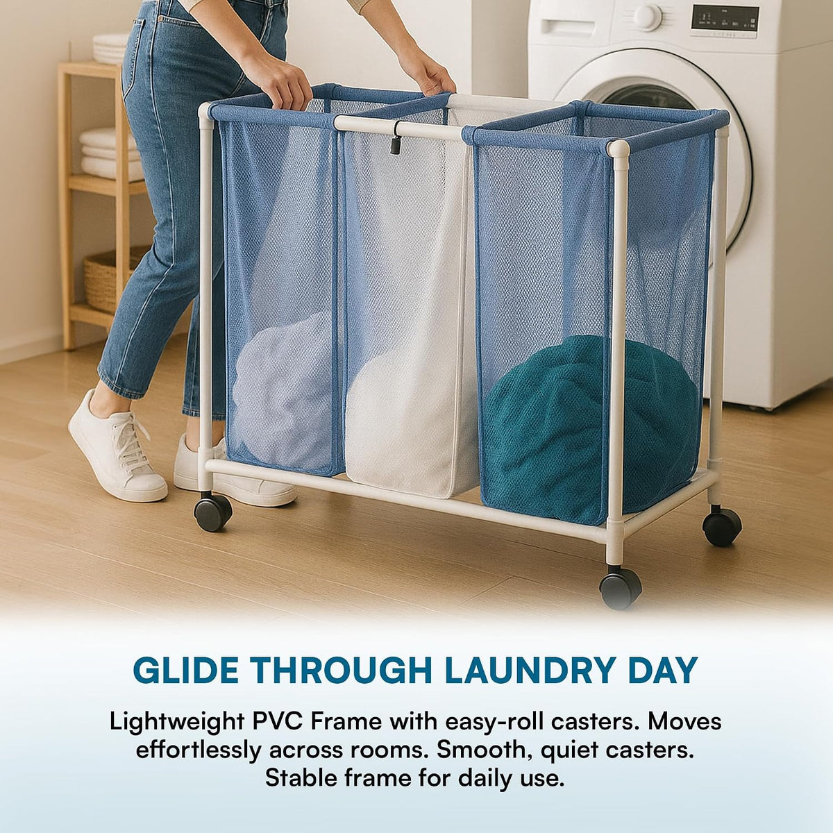 HMP-01629 3 bag mesh laundry sorter, 30.5" x 15.3" x 30" , Blue/White