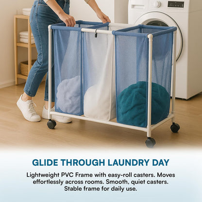 HMP-01629 3 bag mesh laundry sorter, 30.5" x 15.3" x 30" , Blue/White