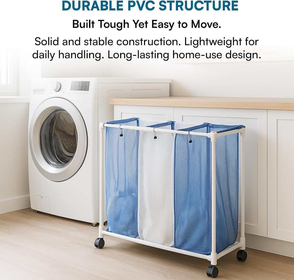 HMP-01629 3 bag mesh laundry sorter, 30.5" x 15.3" x 30" , Blue/White