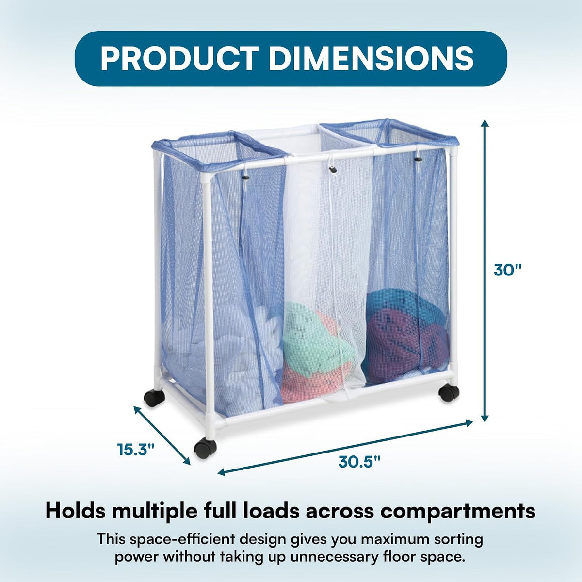 HMP-01629 3 bag mesh laundry sorter, 30.5" x 15.3" x 30" , Blue/White
