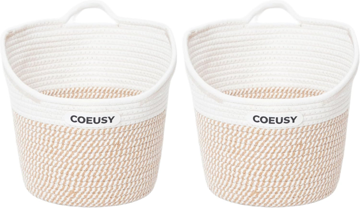 Coeusy 2 Pack Hanging Basket, Boho Wall Basket Hanging for Bathroom,Nursery,Door, Cotton Rope Hanging Wall Basket for Plants,Flowers,Clothes