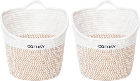 Coeusy 2 Pack Hanging Basket, Boho Wall Basket Hanging for Bathroom,Nursery,Door, Cotton Rope Hanging Wall Basket for Plants,Flowers,Clothes
