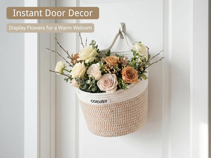 Coeusy 2 Pack Hanging Basket, Boho Wall Basket Hanging for Bathroom,Nursery,Door, Cotton Rope Hanging Wall Basket for Plants,Flowers,Clothes