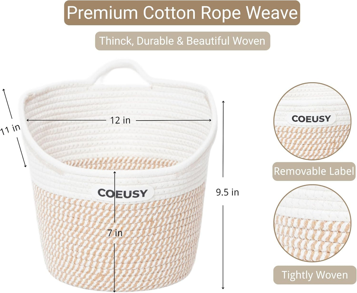 Coeusy 2 Pack Hanging Basket, Boho Wall Basket Hanging for Bathroom,Nursery,Door, Cotton Rope Hanging Wall Basket for Plants,Flowers,Clothes