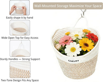 Coeusy 2 Pack Hanging Basket, Boho Wall Basket Hanging for Bathroom,Nursery,Door, Cotton Rope Hanging Wall Basket for Plants,Flowers,Clothes