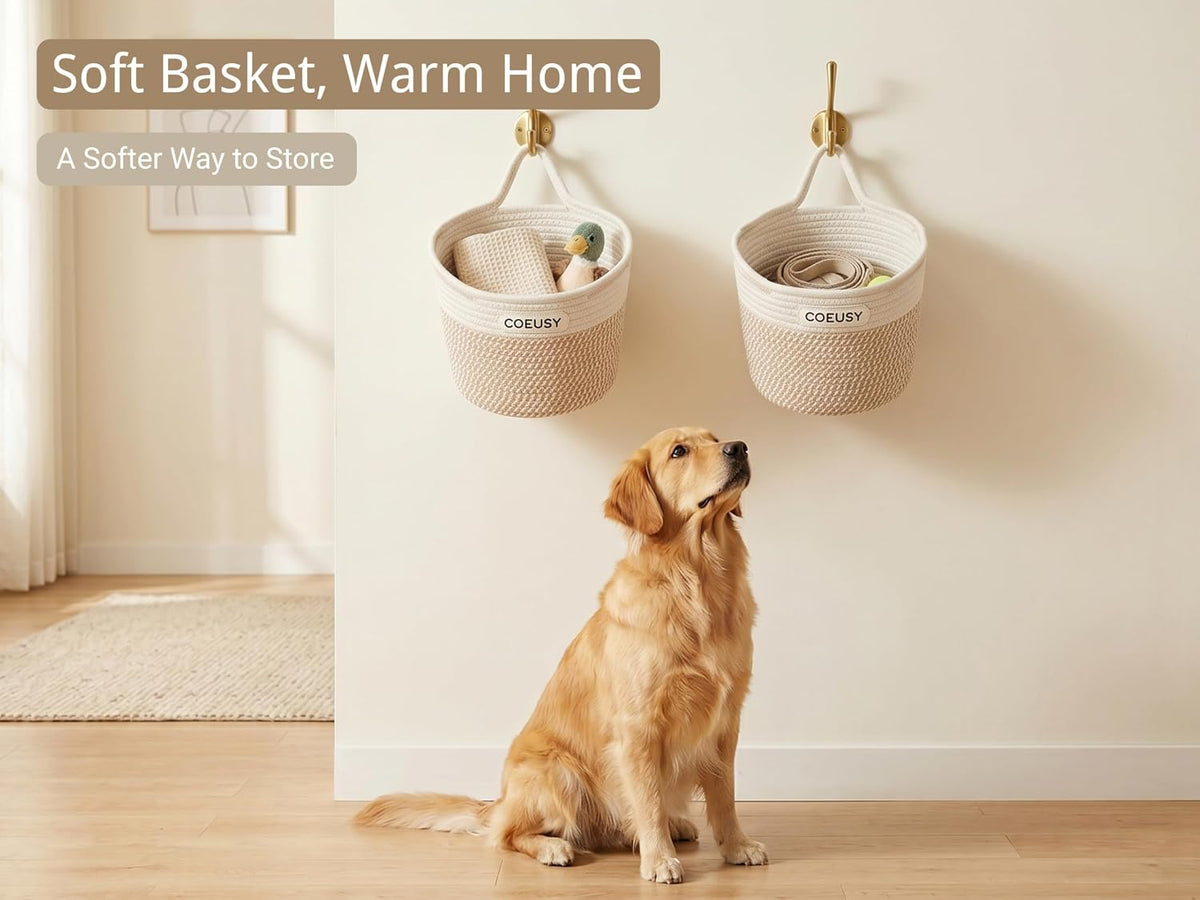 Coeusy 2 Pack Hanging Basket, Boho Wall Basket Hanging for Bathroom,Nursery,Door, Cotton Rope Hanging Wall Basket for Plants,Flowers,Clothes