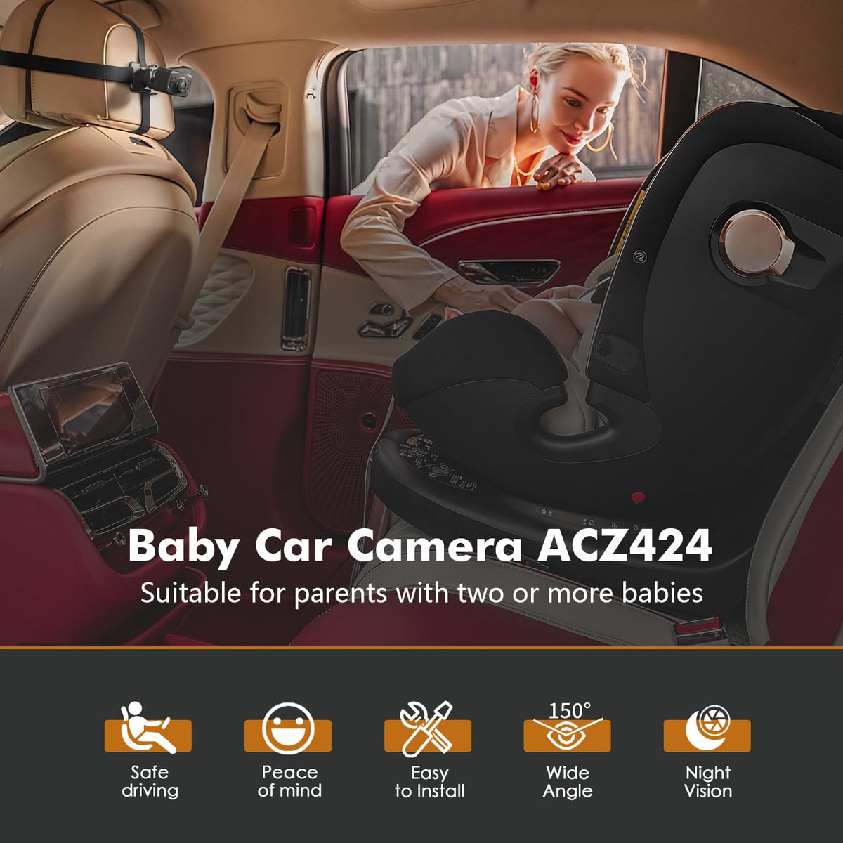 Dual Car Camera Baby Monitor, 1080P Baby Car Camera with 2 IR Night Vision, Easily Install with Crystal Clear Wide View for Rear Facing Seat