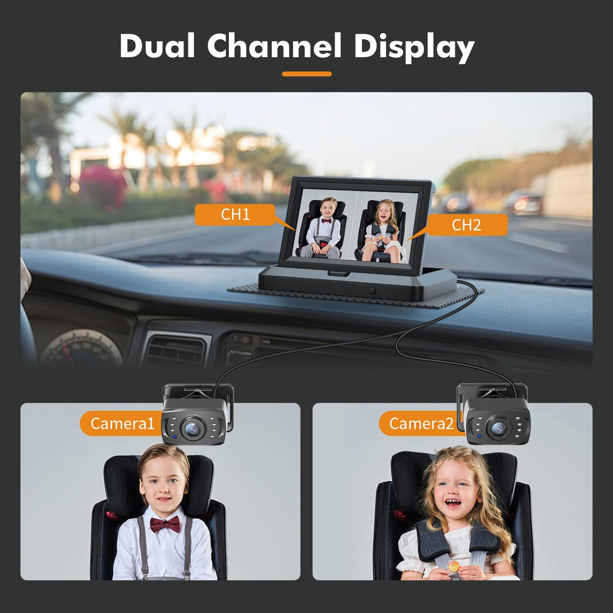 Dual Car Camera Baby Monitor, 1080P Baby Car Camera with 2 IR Night Vision, Easily Install with Crystal Clear Wide View for Rear Facing Seat